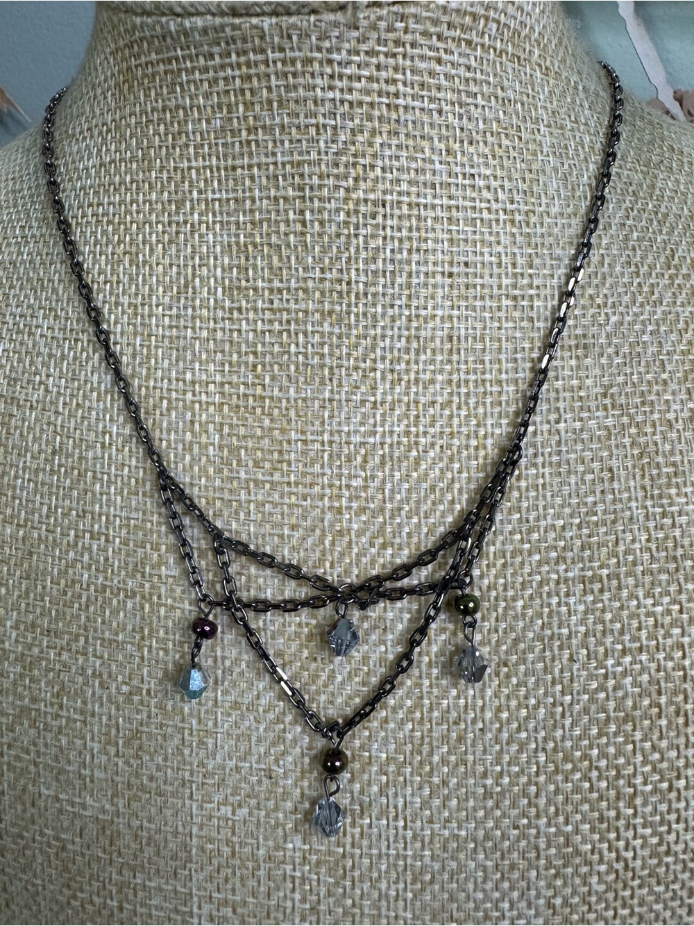 Vintage Hematite-Tone Necklace with Multicolour Crystal Bead Drops